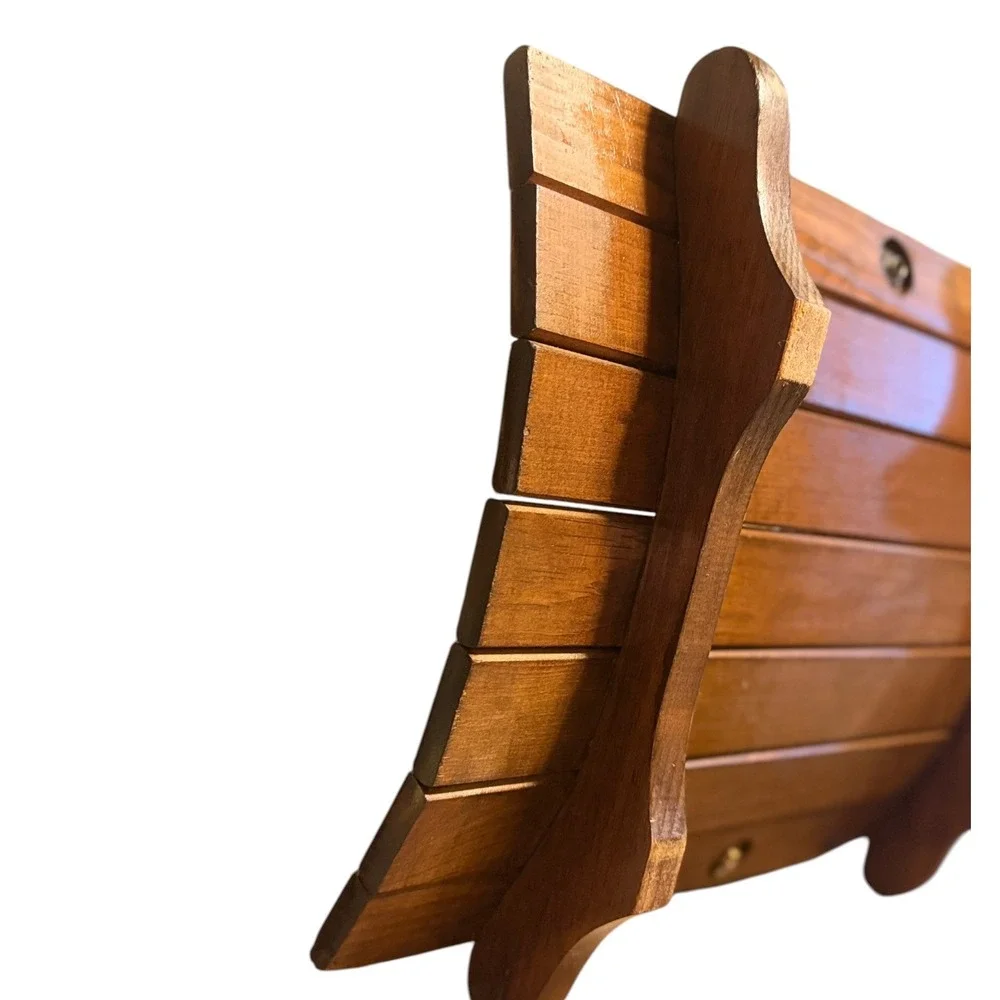 Vintage Curved Wood Magazine Rack Brass Handle Mid Century Modern